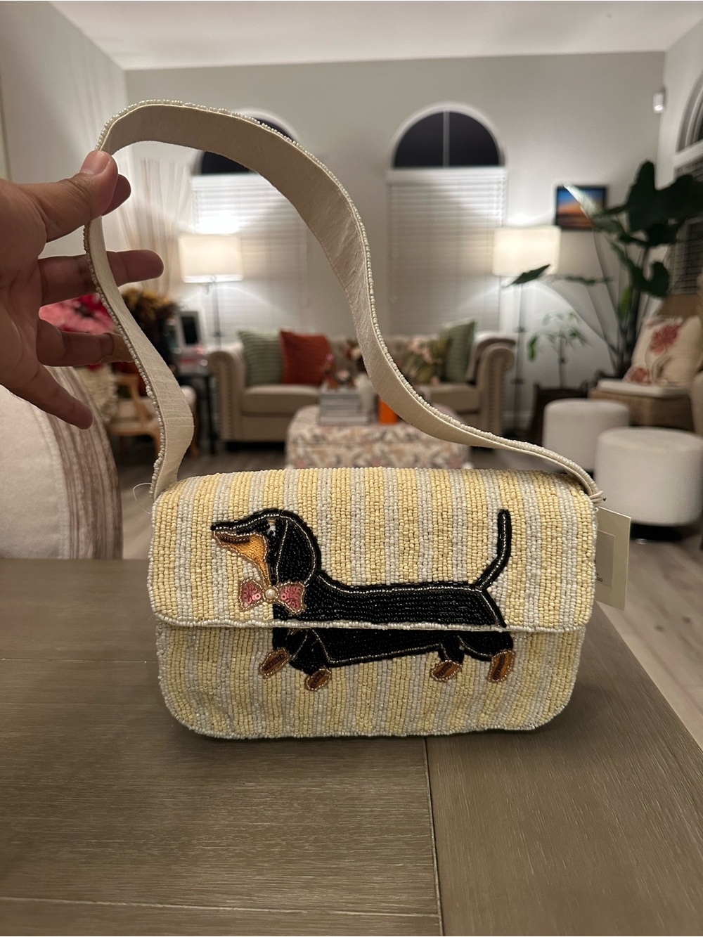 T.J.Maxx Cream and Yellow Embroidered Dachshund Shoulder Bag